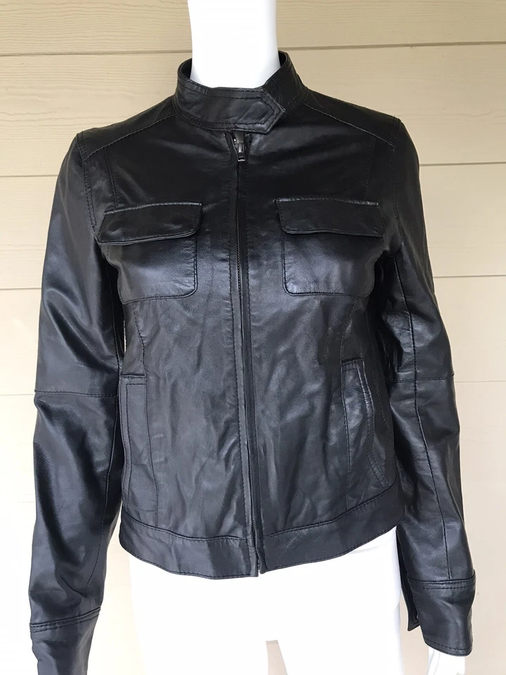 Chaqueta de cuero Members Only Sylvia Moto para mujer talla S negra suave cremallera bolsillo a presión Foto 3 de 4
