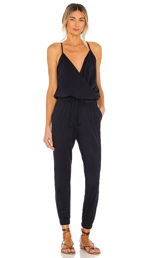 Bobi Supreme Jersey Tied Waist V Neck Jumpsuit Passport Navy Blue