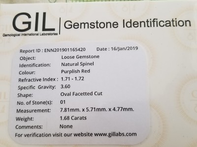 GIL Certified 1.68 Ct Natural Deep Purplish Red Burma Spinel Unheated Oval Gem
