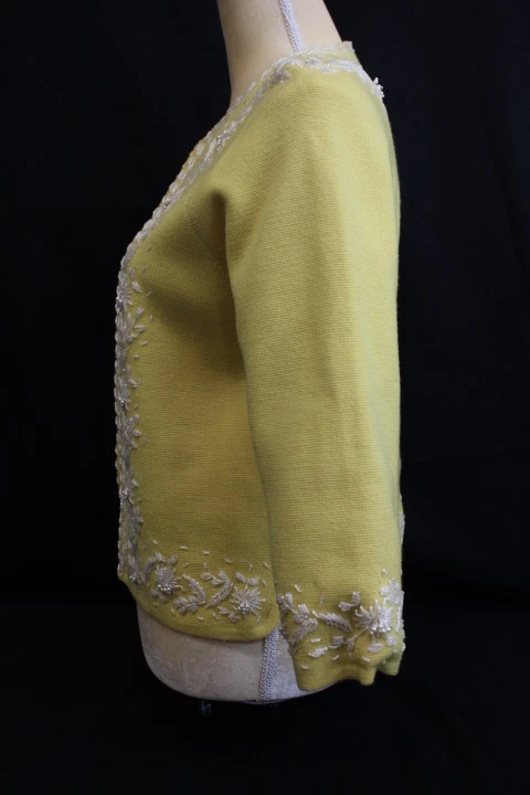 Vintage MINGEA CHICAGO Canary Yellow Skirt Suit, White Beaded Decor, S (138) - Image 3 of 4