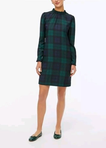 NWT J Crew BK523 Woman Size 00P Classy Blackwatch Plaid Ruffle-neck Shift Dress