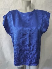 VINTAGE Laura Winston Blue Floral Satin Women's Blouse Top Size L Made In USA