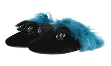FANCY PRADA FUR SLIPPERS SANDALS SHOES 1S757H BLACK VELVET US 10 EU 40 40,5 UK 7
