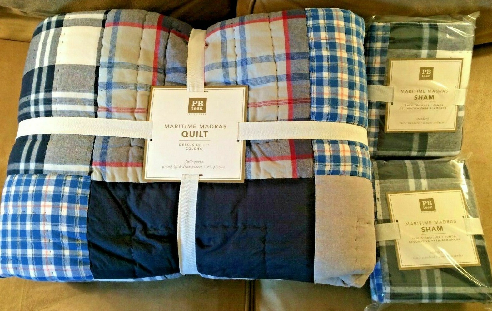 Pottery Barn Teen Maritime Madras Quilt Full Queen 2 Shams Navy