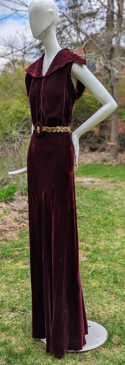 ANTIQUE 1930'S RED WINE SILK VELVET LONG DRESS W GOLD SEQUIN