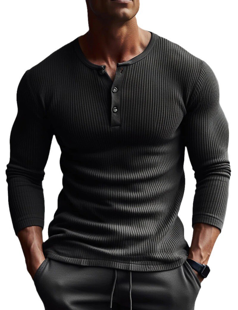 Men's Fitness Long Sleeve Tops Base Undershirt Vneck Solid Color