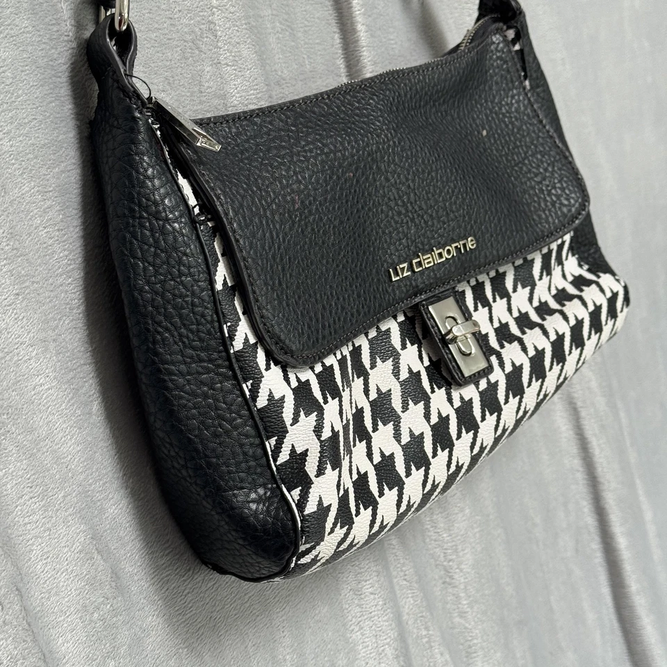 Liz Claiborne Bolso de Hombro Mujer Negro Blanco Pata de Gallo Imitación Cuero Foto 2 de 4