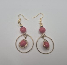 Red Gold Beaded Hoop Dangle Earrings