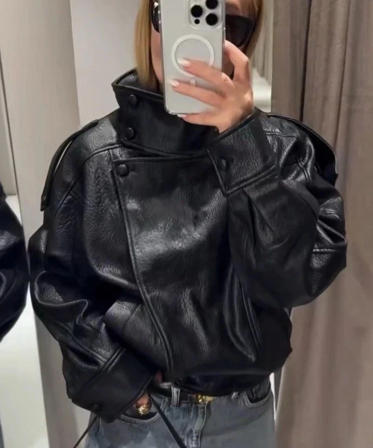 Women Oversized Black Bomber Leather Jacket Biker Moto Zip Coat Outwear