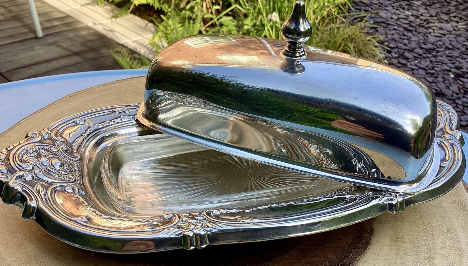 Vintage ornate silver plated butter dish glass insert matching lid made England.
