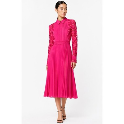 Coast Pink Lace Pleated Midi Dress Long Sleeve Collared Fuchsia US 10 NEW