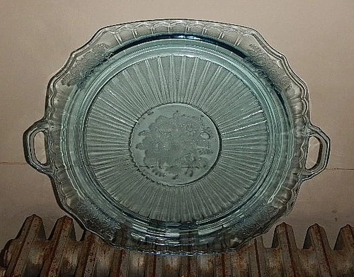 Vintage  Blue Mayfair Depression Glass-12" Cake Plate with Handles