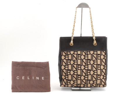 *Rere* CELINE Tote Shoulder Bag Logo Blazon Chain Triomphe Fabric Leather