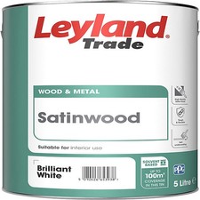 Leyland Trade Pure Brilliant White Satinwood Paint 5L Metal Wood Interior Finish