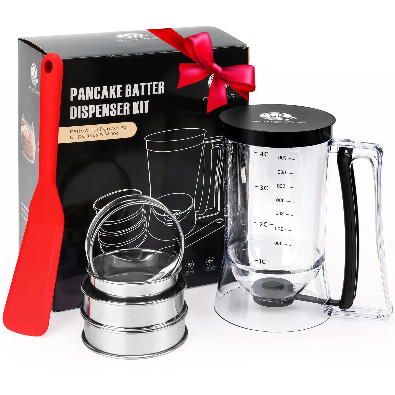 Pancake Batter Dispenser, 4-Cup Set with Muffin Rings & Spatula - Ideal for P...