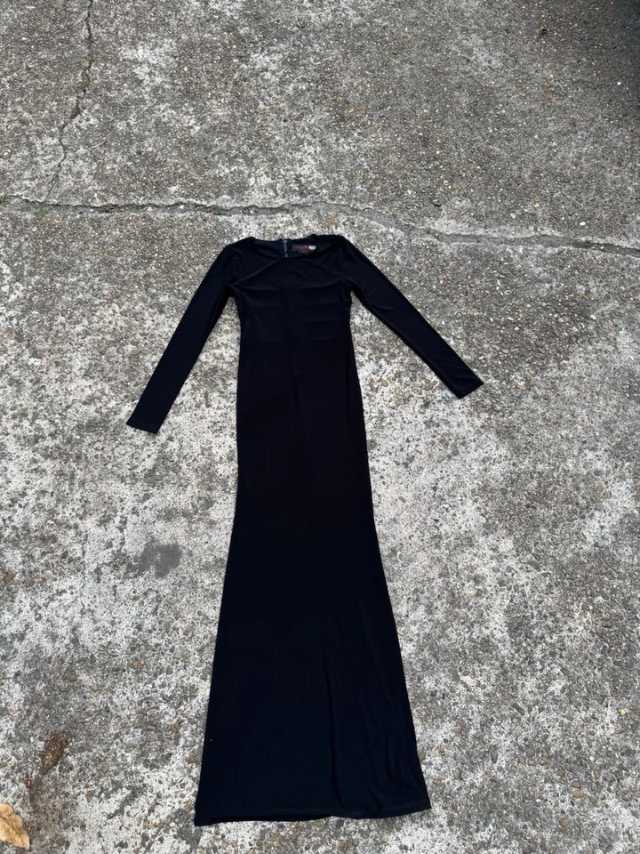 Maxi Vestido Alice + Olivia Air Talla 6 Cuero Malla Borde Jersey Manga Larga Negro Foto 3 de 4