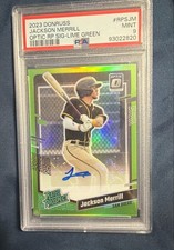 2023 Donruss Optic Jackson Merrill Rated Prospect Auto Lime Green /25 PSA 9