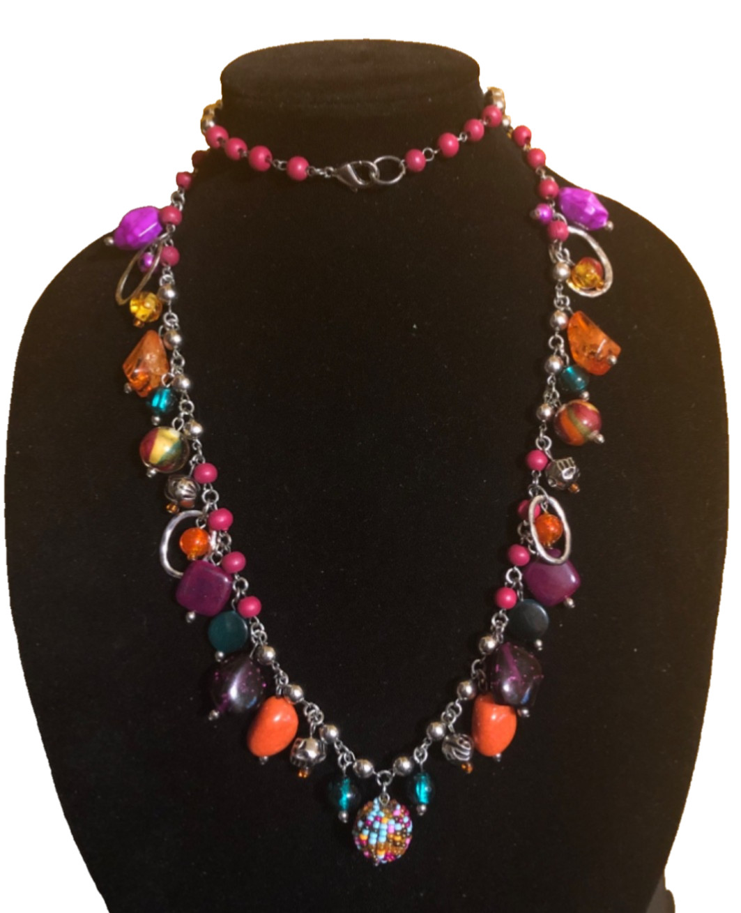 Silver Tone Multicolor Beaded Statement Necklace - image 1