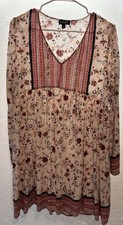 GiGio Boho Floral Swing Dress Black Red Cream Women’s Size M V-Neck Tie