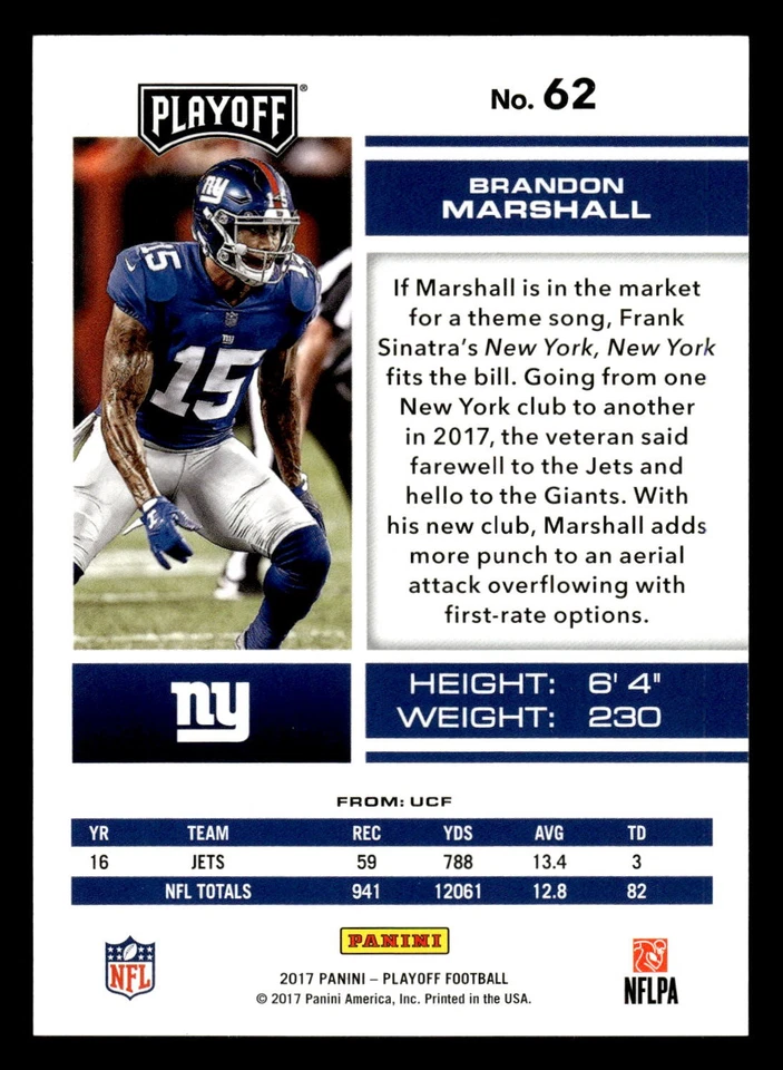 2017 Panini Playoff #62 Brandon Marshall 2nd Down #/49 - Image 2 of 2