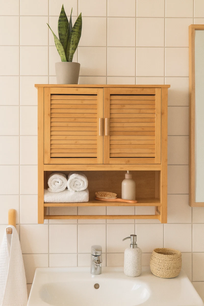 Armario Colgante de Bambú para Baño Armario de Pared con 2 Puertas Toallero