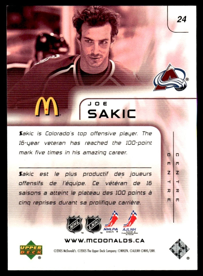 2005-06 Upper Deck McDonald's Joe Sakic Colorado Avalanche #24 - Image 2 of 2