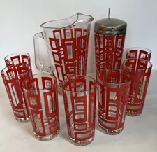 Jeanette Glass Atomic Red Gold Starburst Pitcher ,  7 Glasses, Cocktail Shaker