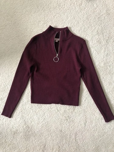 Love Tree Juniors Long Sleeve 1/4 Zip Ribbed High Collared Shirt Small Burgundy