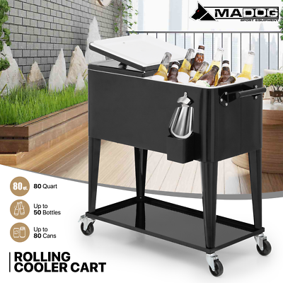 80 Quart Rolling Cooler Cart Picnic Camping Beverage Cart Ice Beer