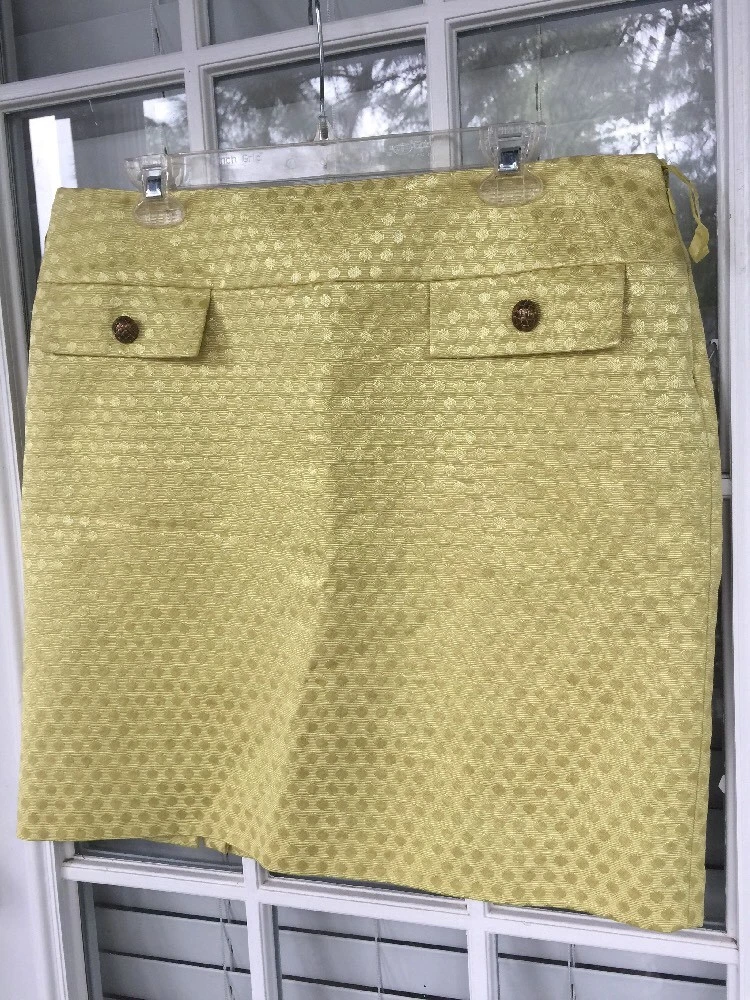 Antonio Melani Skirt Lemon Lime Yellow Polka Dot Texture Gold Button Sz 14