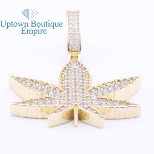 Marijuana Weed Leaf Men's 925 Sterling Silver Gold Plated CZ Pendant Charm*AID - Picture 4 of 8