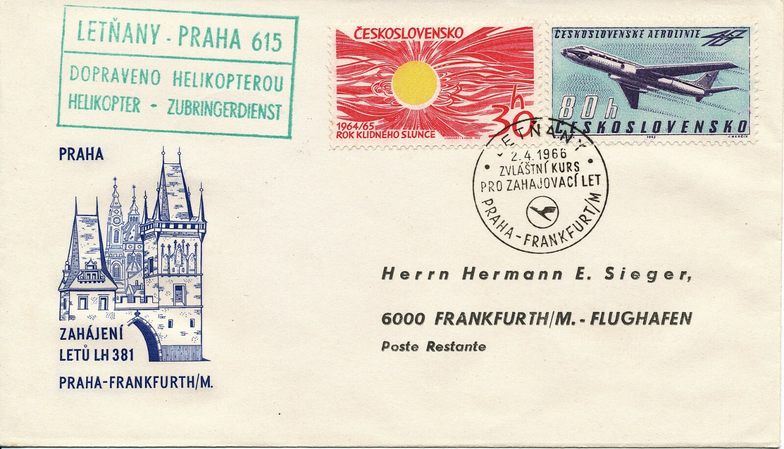 CZECHOSLOVAKIA 1966 Helicopter Feeder First Flight LETNANY - PRAGUE - FRANKFURT