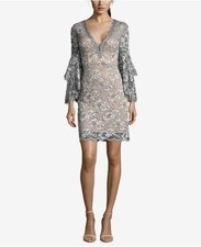  489 Betsy  Adam Women's Gray Beige Lace Beaded V-Neck Bell-Sleeve Dress Size 2