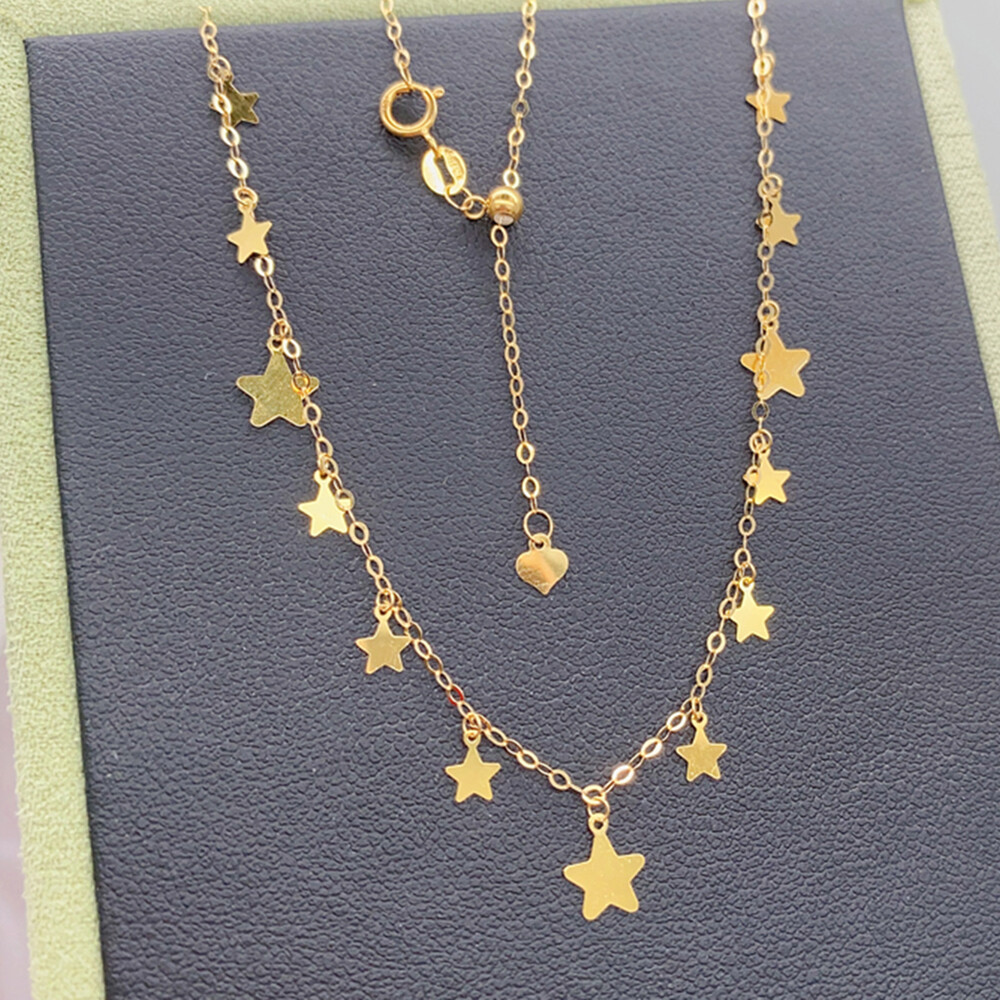 Pure 18K Yellow Gold Women Blessing Star Charm Tiny O Chain Link