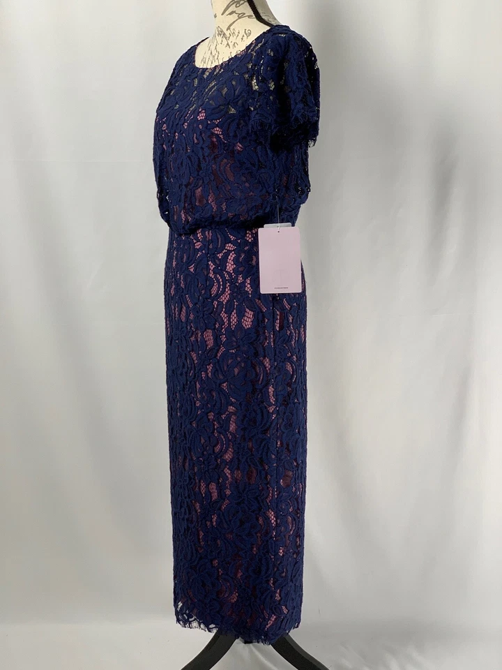$595 JS Collections Dress NWT Blue & Pink Short Sleeve Lace Midi Dress Size 4 - Image 2 of 4