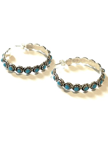 Zuni Needlepoint Handmade Turquoise Sterling Silver Hoop  Earrings 2”
