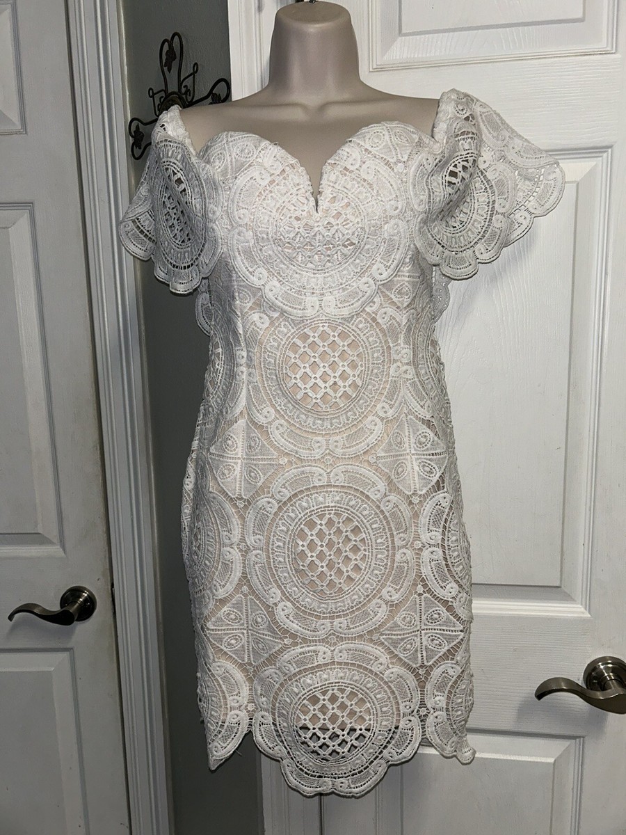 short ivory lace cocktail dress Lulus Bardot Sz Small Crochet Dressy Tan Off Shoulder W-FW24-D1
