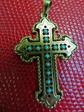 CROIX ancienne OR JAUNE 4,8 g FLEUR de LYS BOURGEONNEE CABOCHONS PÂTE de VERRE