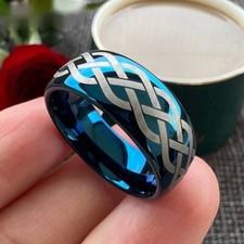 8MM Tungsten Carbide Ring Band Dome Polish Laser Curved Viking Celtic Knot Ring
