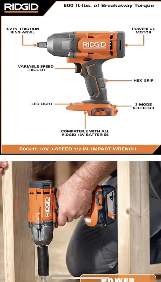RIDGID 18V Brushless Cordless 3-Mode 1/2 in. Mid-Torque Impact Wrench Tool Only - Image 2 of 3
