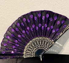 Large 16 In Wide Victorian Style Fabric Folding Hand Fan With Purple Sequins