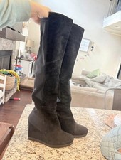Black Suede Knee High Wedge Boots Pull On Rou...