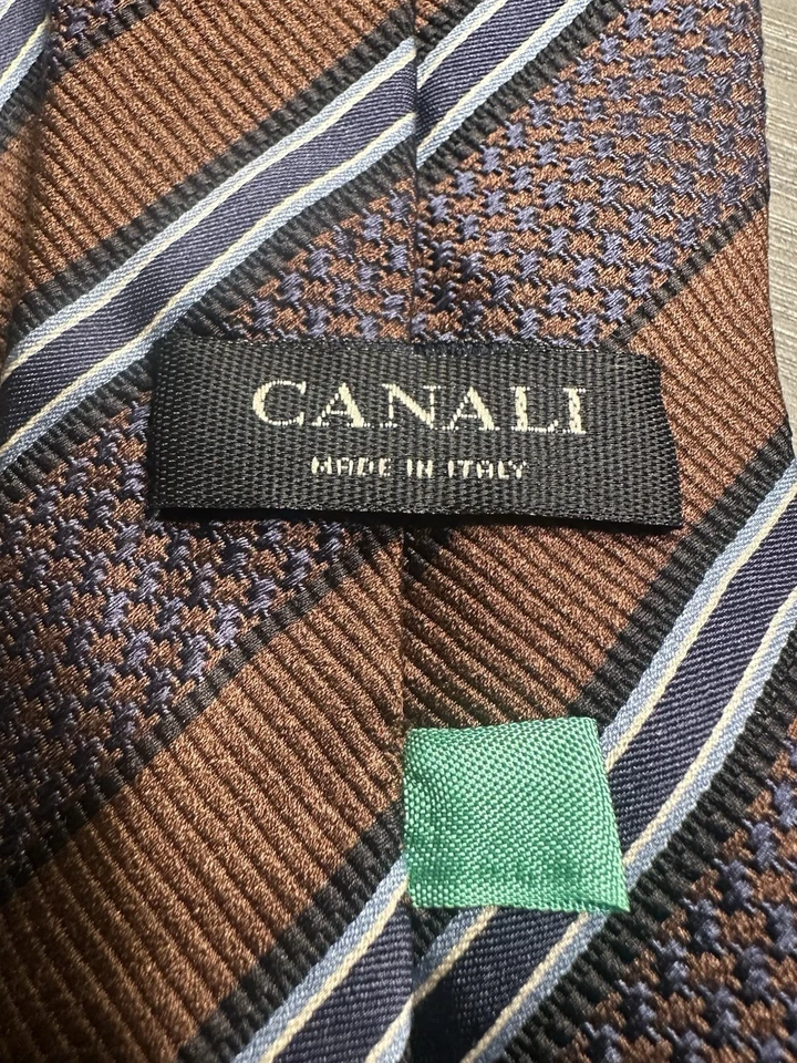 Corbata de diseñador de lujo Canali para hombre hecha en Italia bronce azul rayas 100 % seda Foto 2 de 4