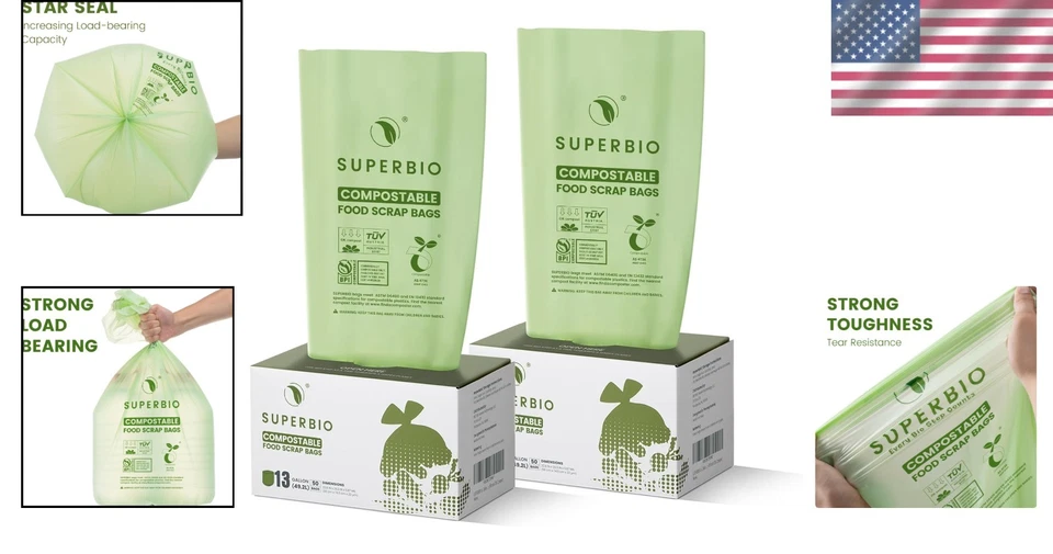 Sustainable 13 Gal Flat Top Bags, 50 Ct, BPI Certified - Image 2 of 4