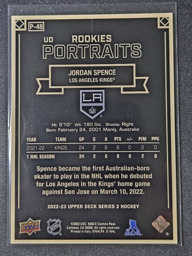 22-23 Upper Deck Jordan Spence Rookie Portraits 🚨🚨🚨 Los Angeles Kings - Picture 2 of 2