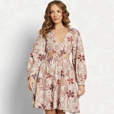 Women’s Beige Floral V-Neck Cut Out A-Line Mini Dress Long Balloon Sleeve