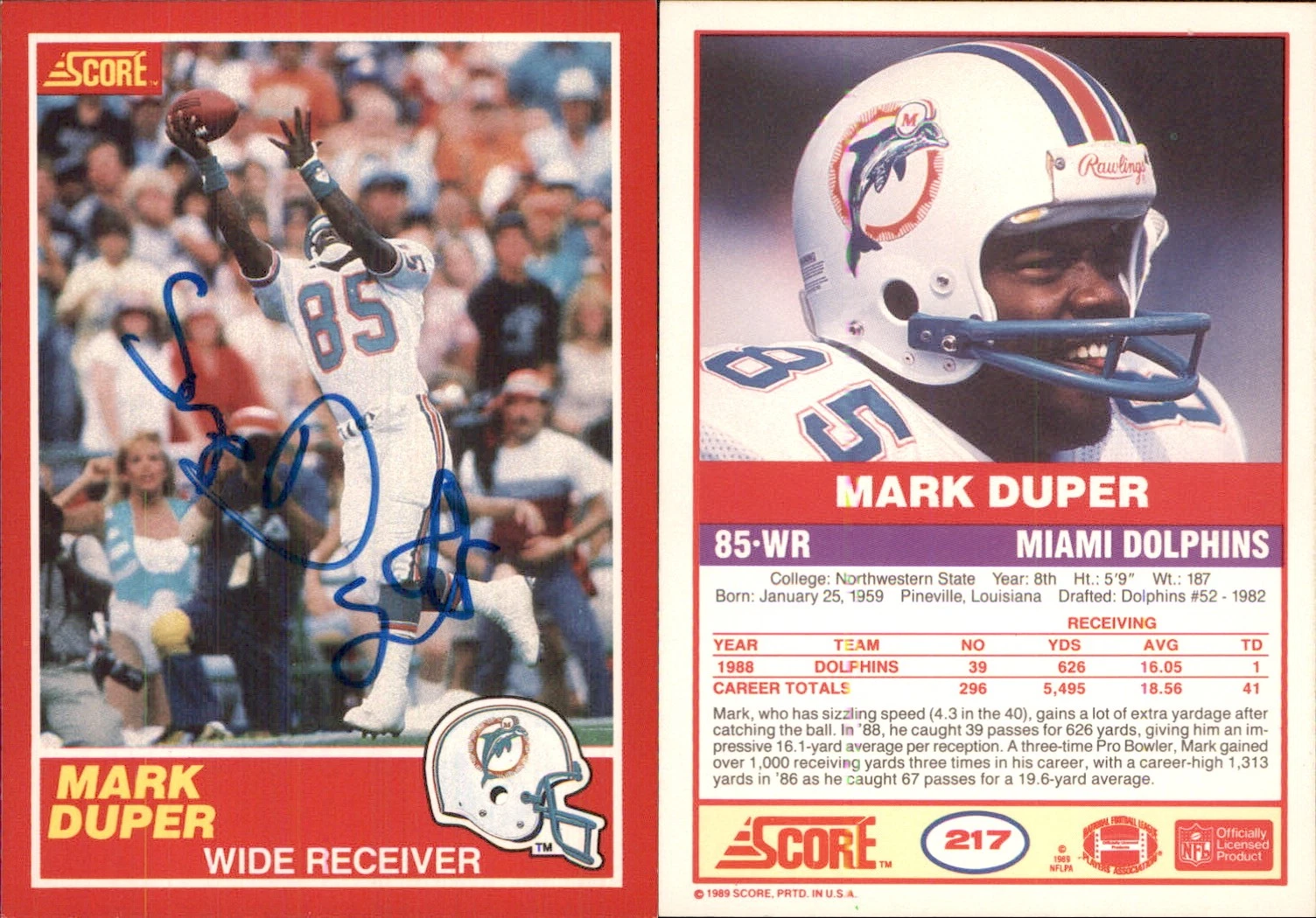 Mark Duper Signed 1989 Score #217 Card Miami Dolphins Auto AU Autograph Den
