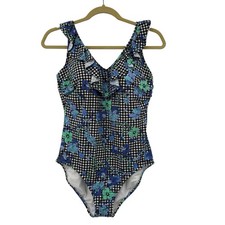 Land End One Piece Swim Suit Bathing Floral Gingham Ruffle Sz 12