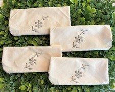 4 Matching Vintage Cream Gray Floral Embroidered Napkins Handkerchiefs Lot 4
