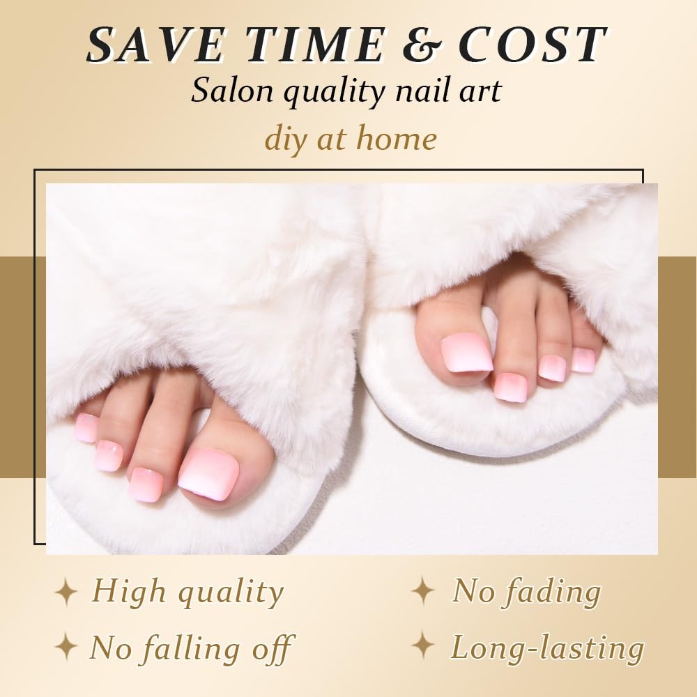 evpct Gradient Color Press on Toenails Square Short, Pink Faded into White Pr...